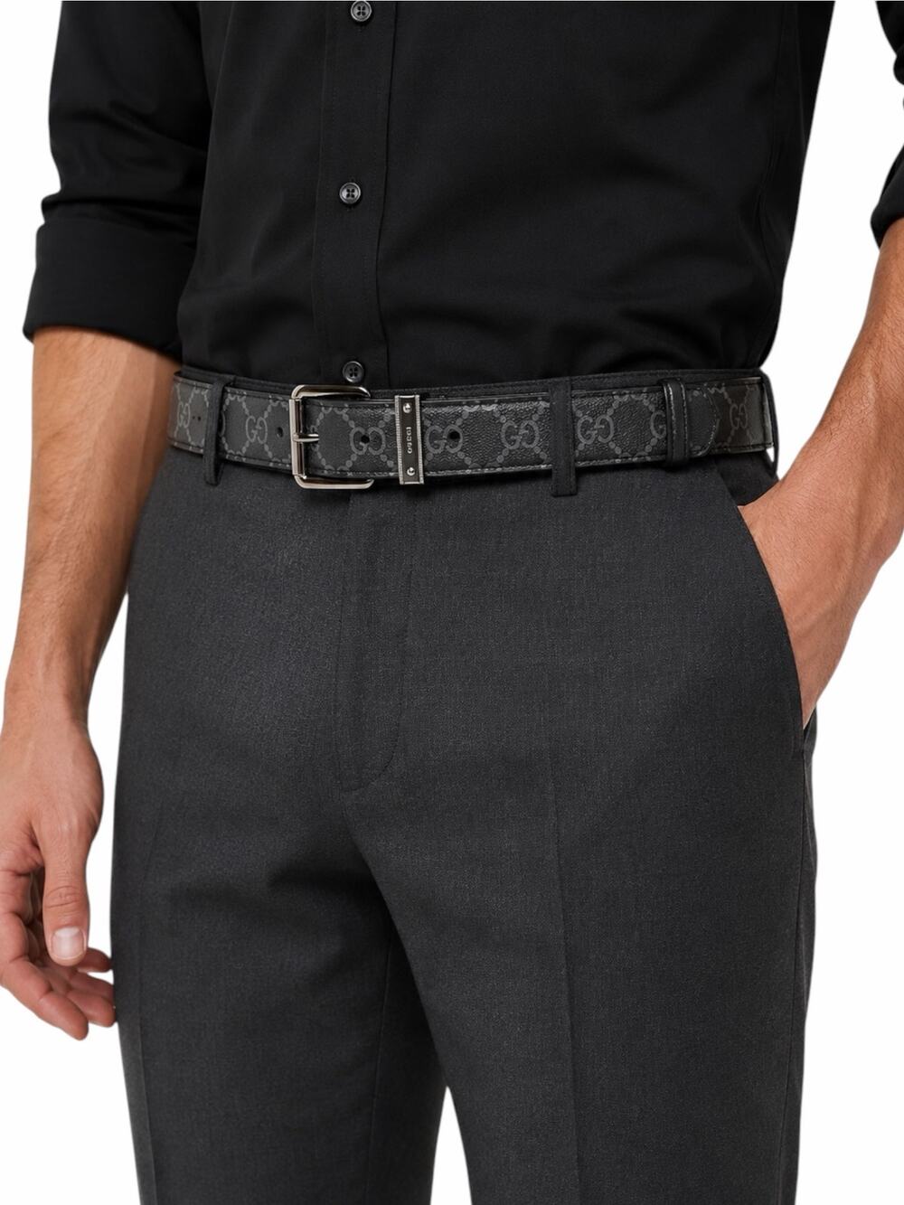 Gucci Square Buckle GG Emblem Belt Black Gray Men Size 105cm/42"
